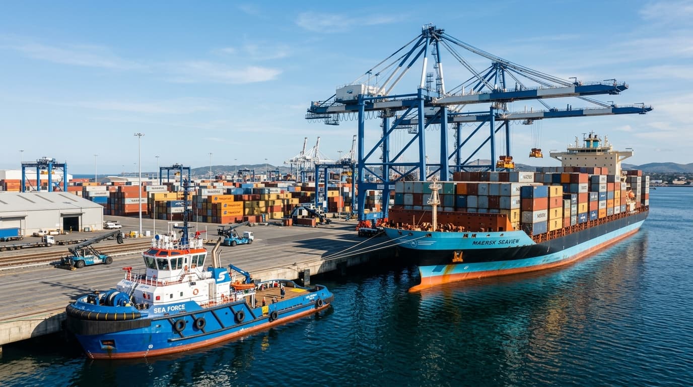 Commercial vessel berthed at port container terminal